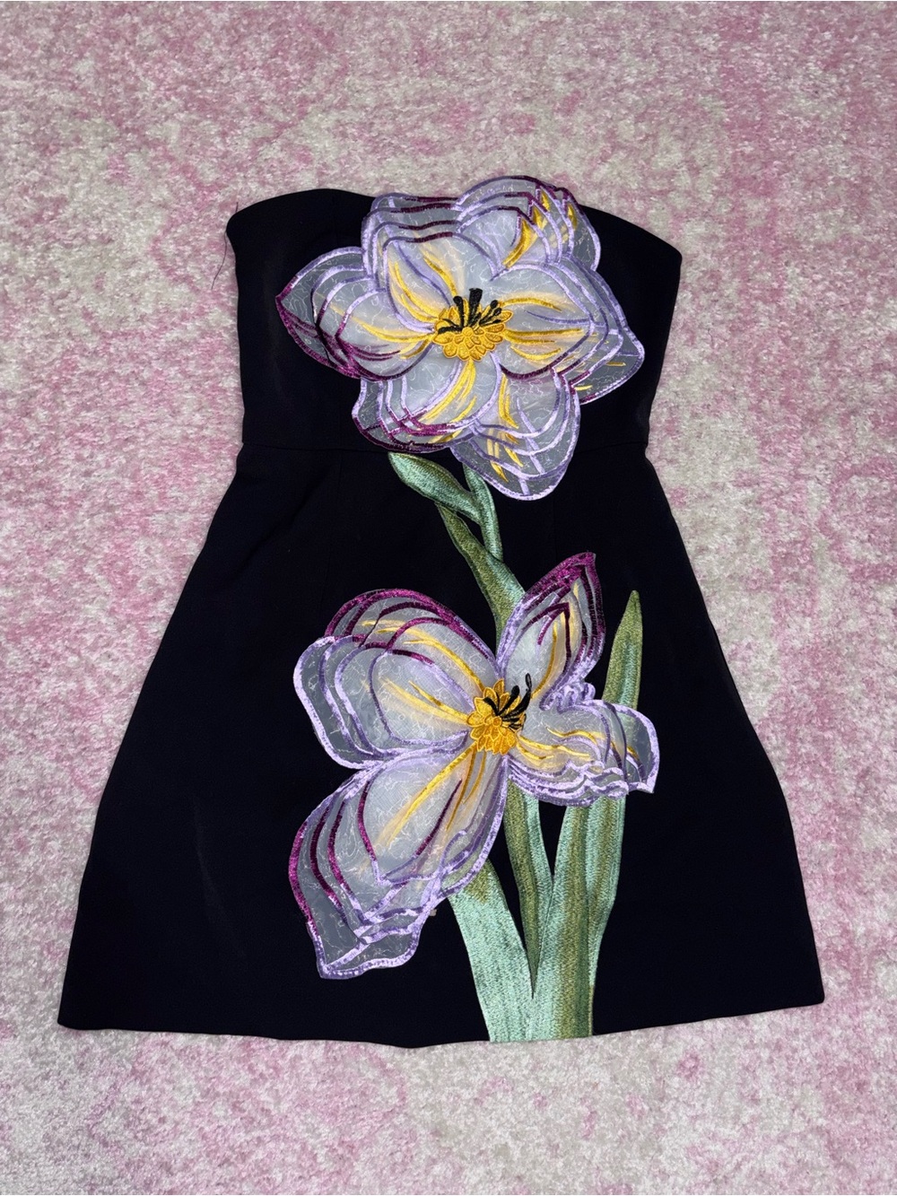 Strapless Black Dress with Large Lavender Floral Appliqué